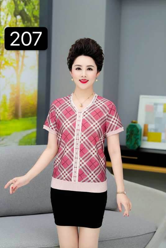 Mom's summer lapel short-sleeved stylish top for women aged 50-60, summer ice silk knitted T-shirt. 6