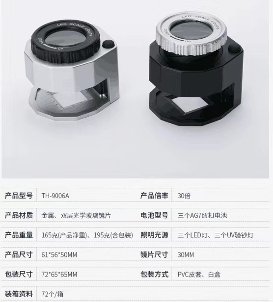 TH-9006A照布镜，带3个LED灯、3个UV验钞灯，光学镜片30倍镜片直径30mm，带刻度底座，黑灰2色详情图2