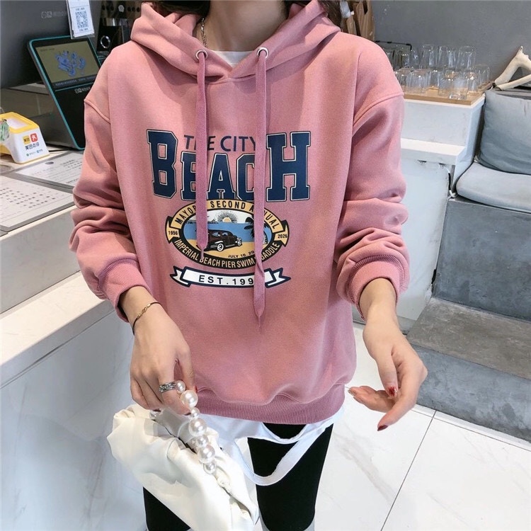 Jimmy Seio's 2020 winter new mid-length pink pullover hooded collar with fleece sweatshirt details Picture