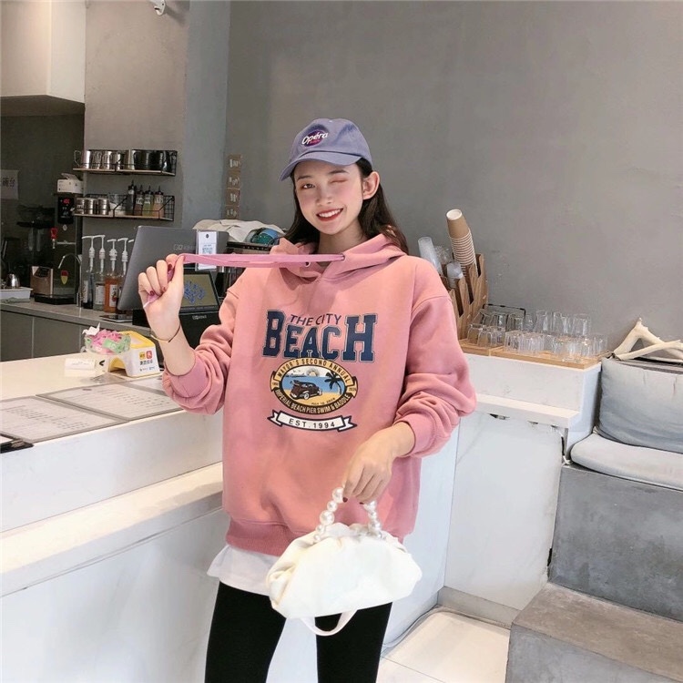 Jimmy Seio's 2020 winter new mid-length pink pullover hooded collar with fleece sweatshirt Specification image