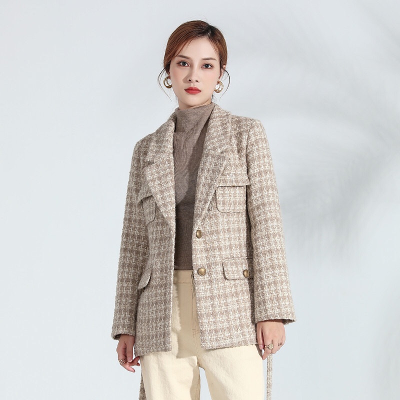 吉米赛欧 2020冬新品 小香风米色格子西装大衣外套