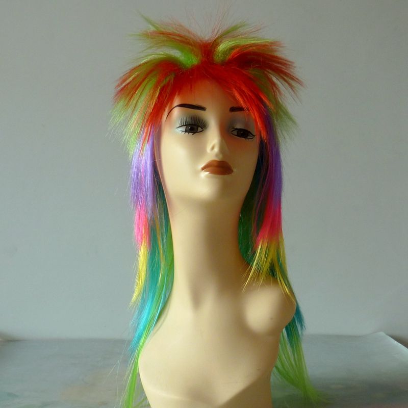 A long, straight wig with colorful hair trimmings