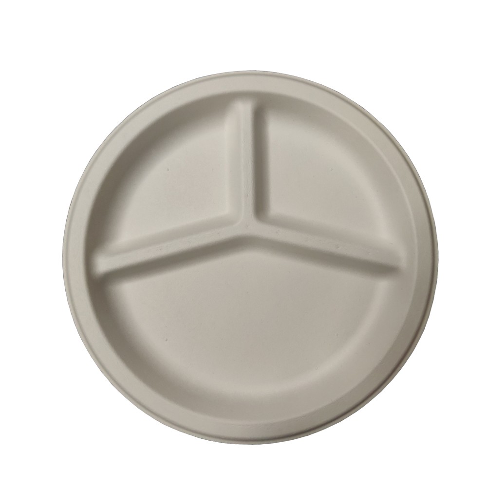 10 Inch 3 Grid Sugarcane Pulp Bamboo Pulp Disposable Environmental Protection Completely Degradable Tableware Three Grid Round Plate Can Be Composted Disk Application Scenario