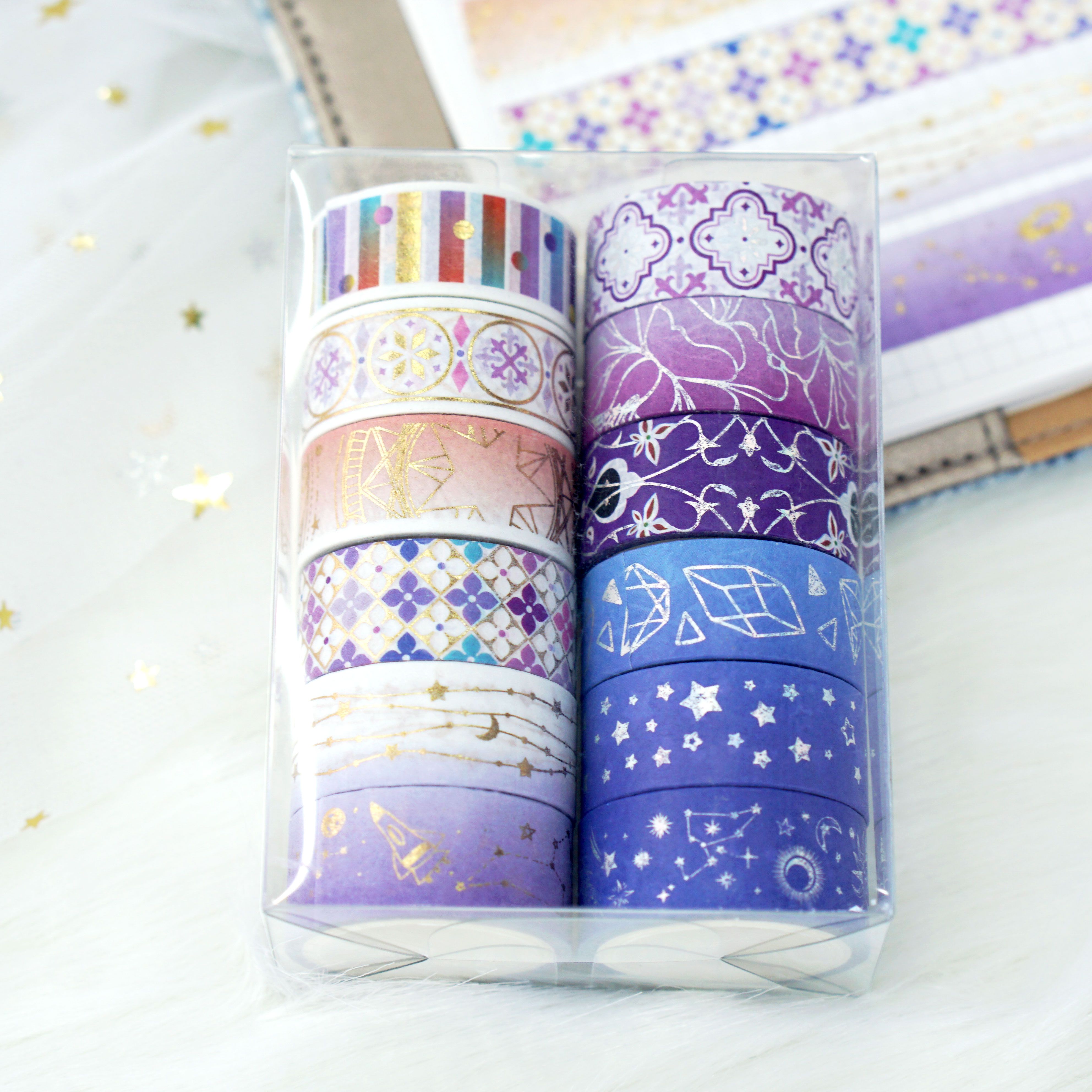 Wholesale from the manufacturer: 12-roll set of purple constellation and paper tape with gold and silver embossed starry universe planner stickers