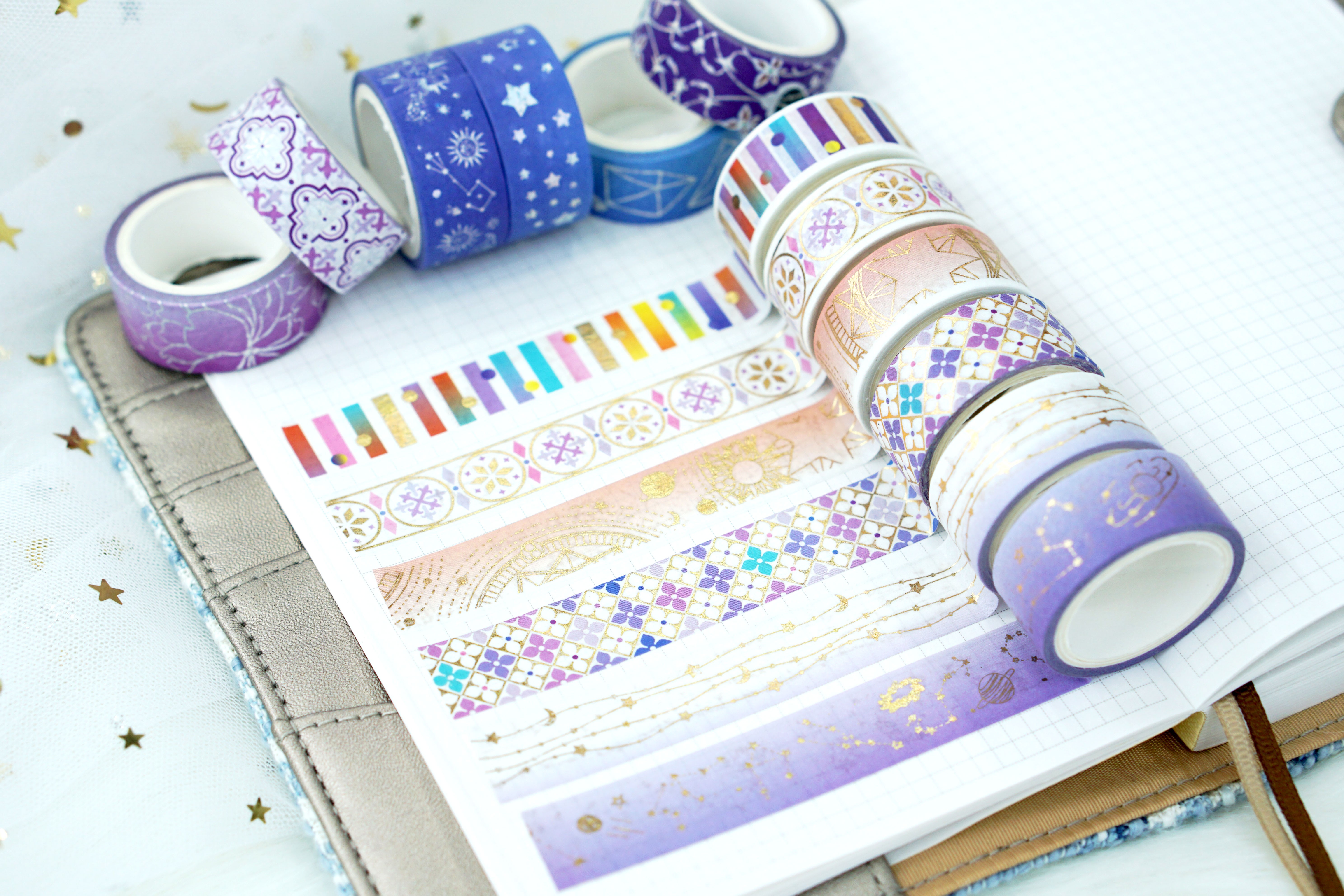 Wholesale from the manufacturer: 12-roll set of purple constellation and paper tape with gold and silver embossed starry universe planner stickers detail image 7
