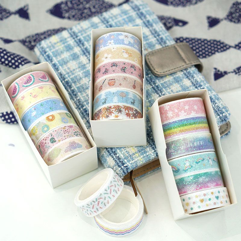 6 sets of cartoon gold powder and paper tape glitter color planner stickers that can be torn off, sprinkled with powder and printed with gold powder for DIY