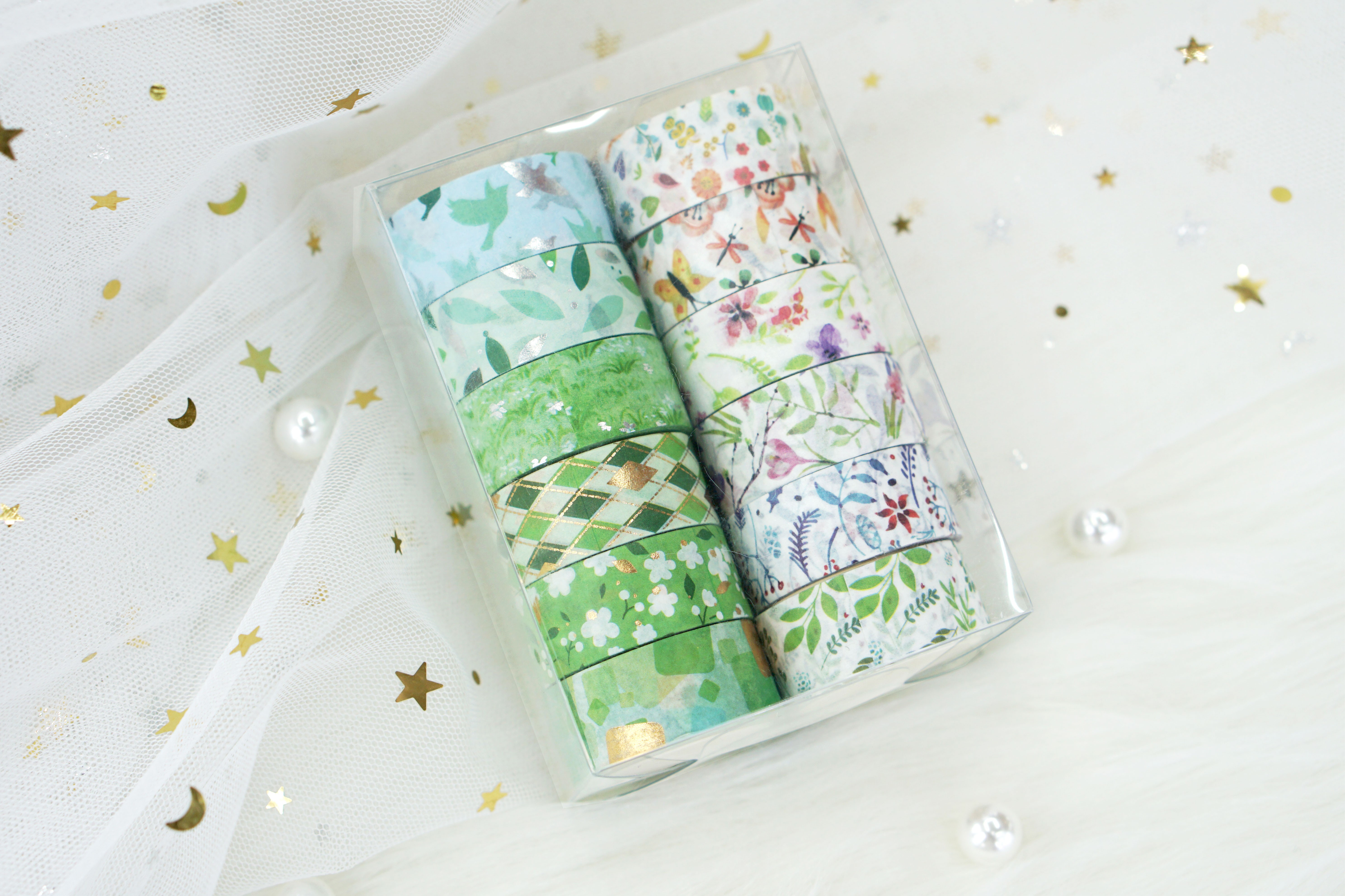 Wholesale from the manufacturer: 12-roll set of spring fresh and light and paper tape with gold and silver embossed green floral hand journal stickers detail image 3