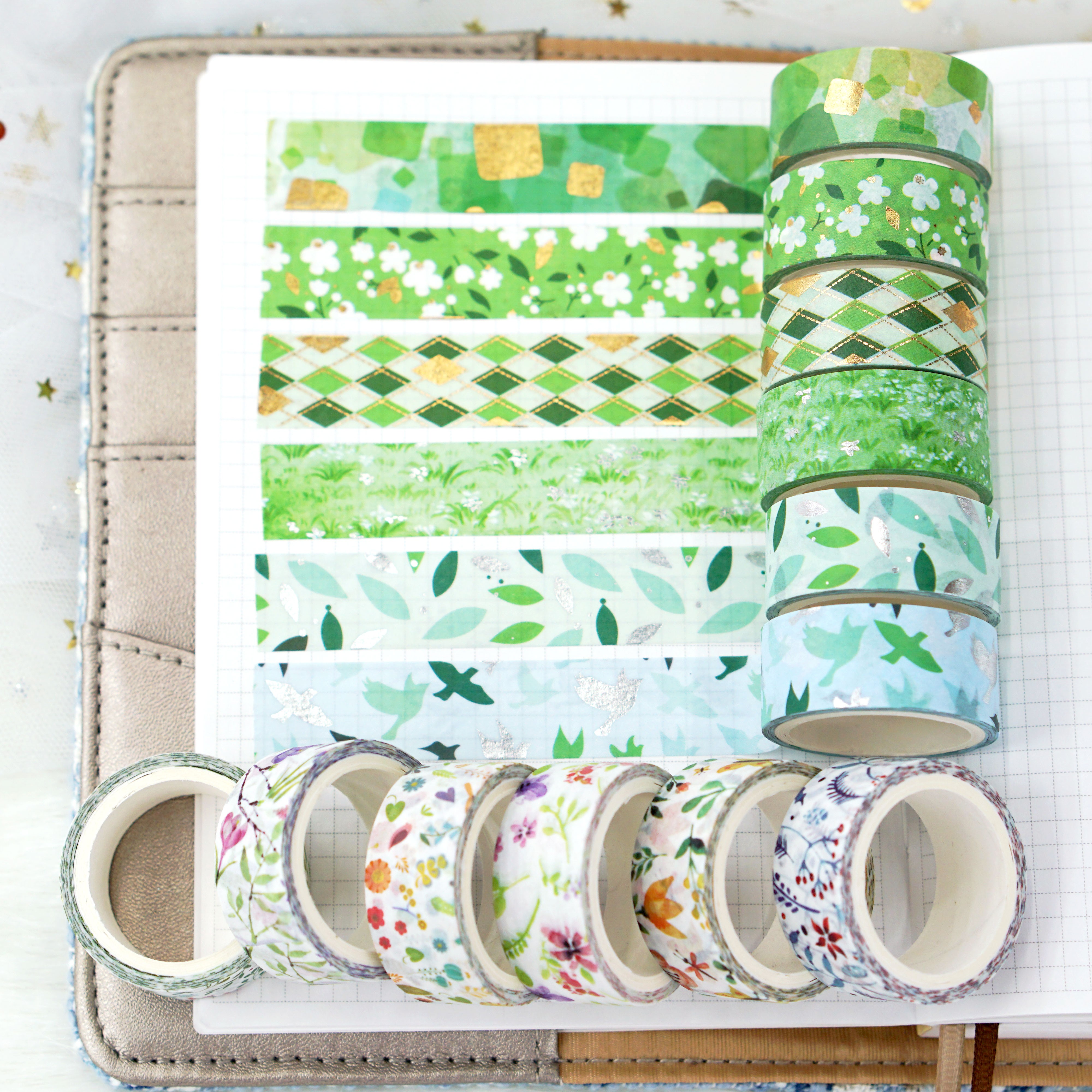 Wholesale from the manufacturer: 12-roll set of spring fresh and light and paper tape with gold and silver embossed green floral hand journal stickers detail image 6