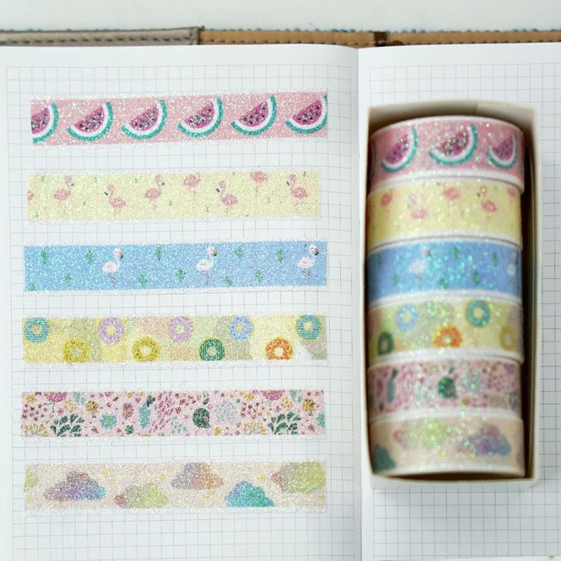 6 sets of cartoon gold powder and paper tape glitter color planner stickers that can be torn off, sprinkled with powder and printed with gold powder for DIY detail image 5