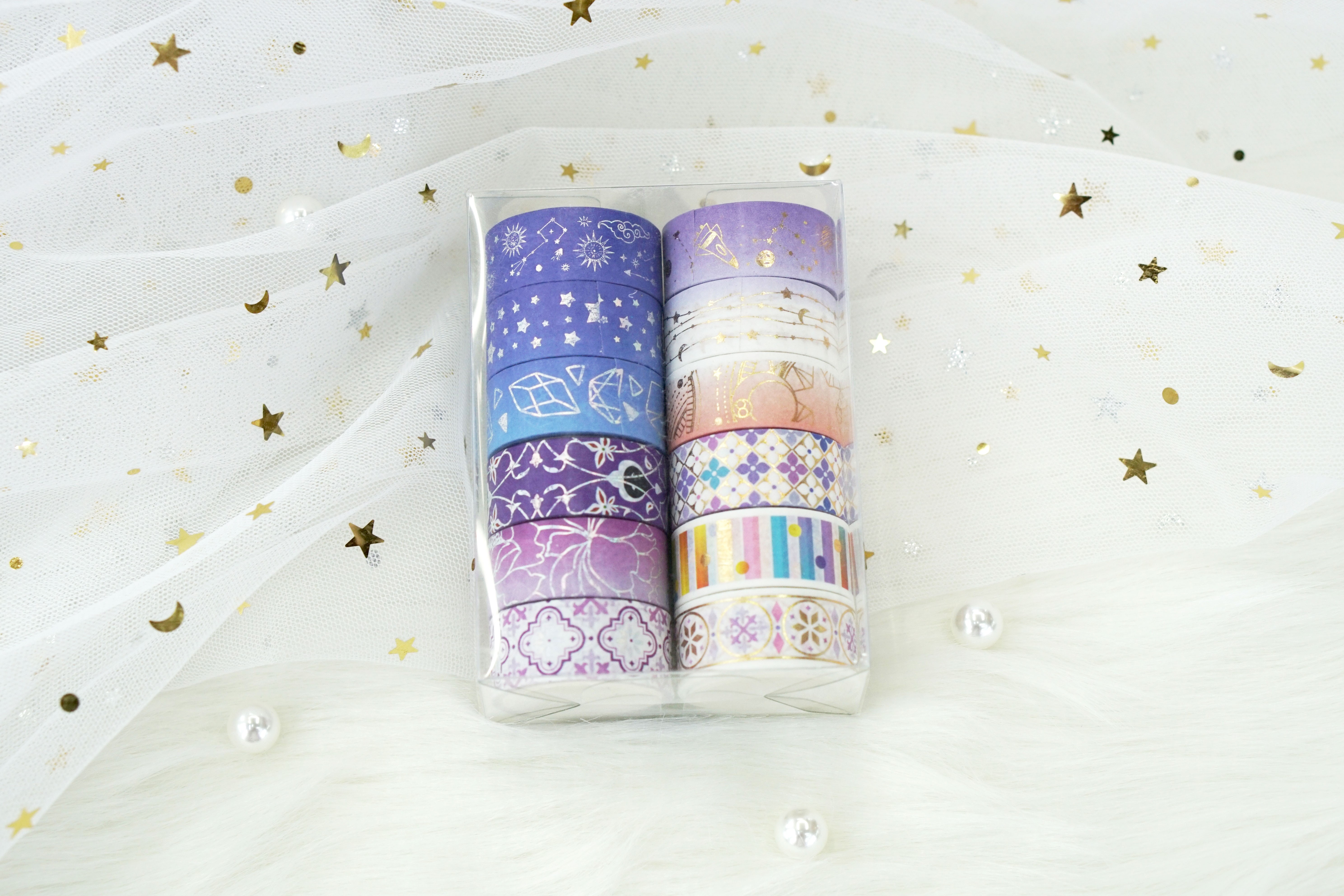 Wholesale from the manufacturer: 12-roll set of purple constellation and paper tape with gold and silver embossed starry universe planner stickers detail image 5