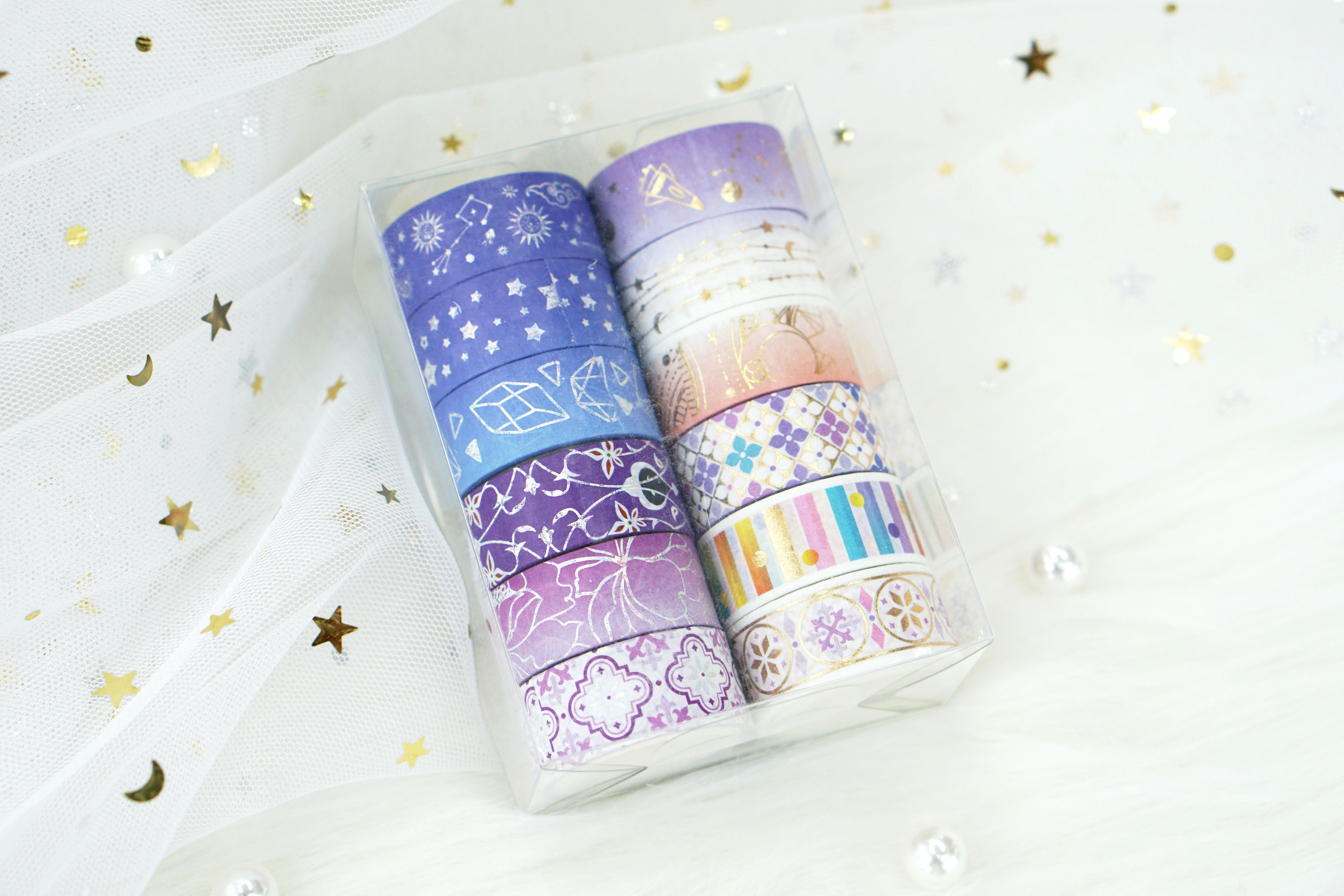 Wholesale from the manufacturer: 12-roll set of purple constellation and paper tape with gold and silver embossed starry universe planner stickers detail image 6