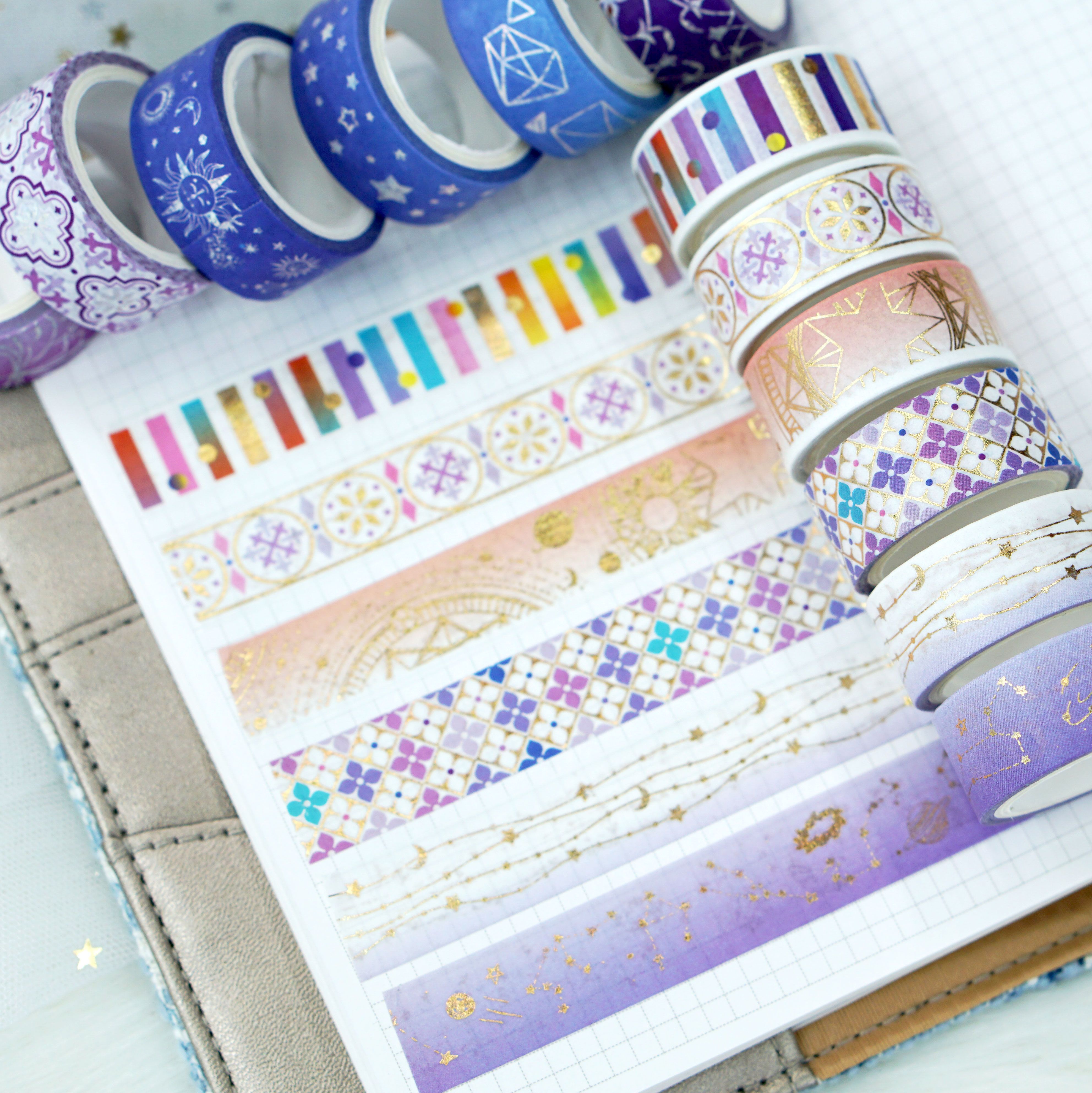 Wholesale from the manufacturer: 12-roll set of purple constellation and paper tape with gold and silver embossed starry universe planner stickers Application Scenario