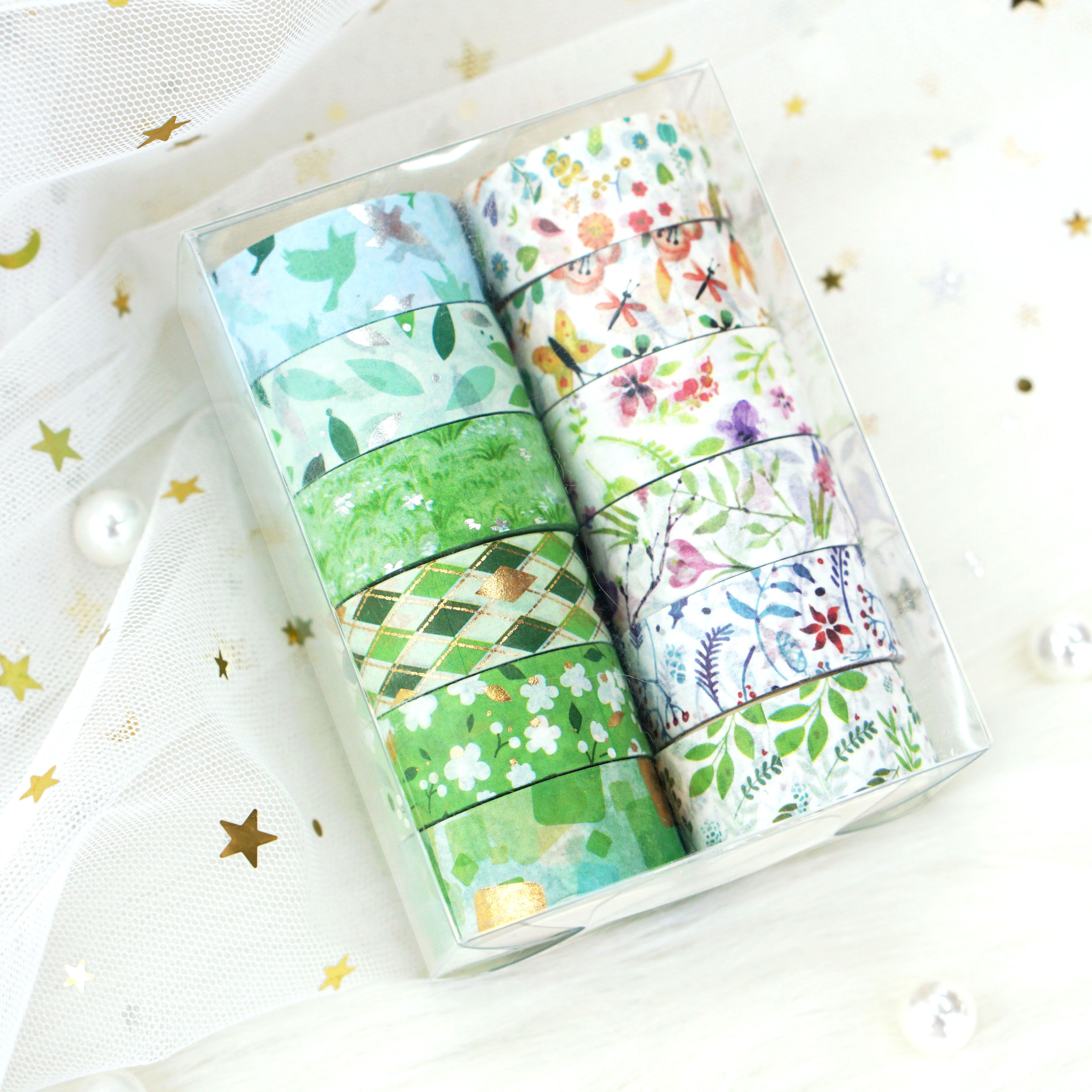 Wholesale from the manufacturer: 12-roll set of spring fresh and light and paper tape with gold and silver embossed green floral hand journal stickers details Picture
