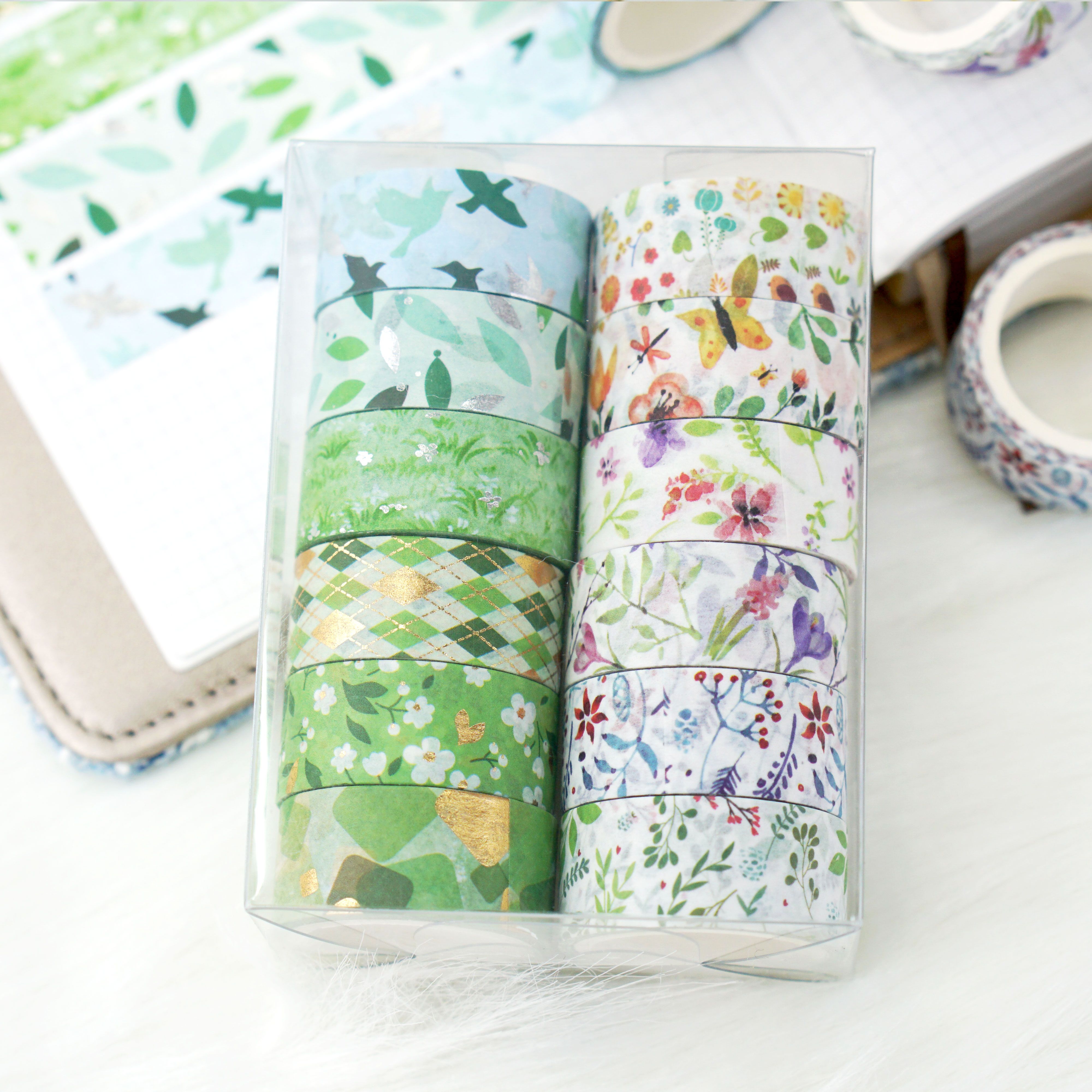 Wholesale from the manufacturer: 12-roll set of spring fresh and light and paper tape with gold and silver embossed green floral hand journal stickers