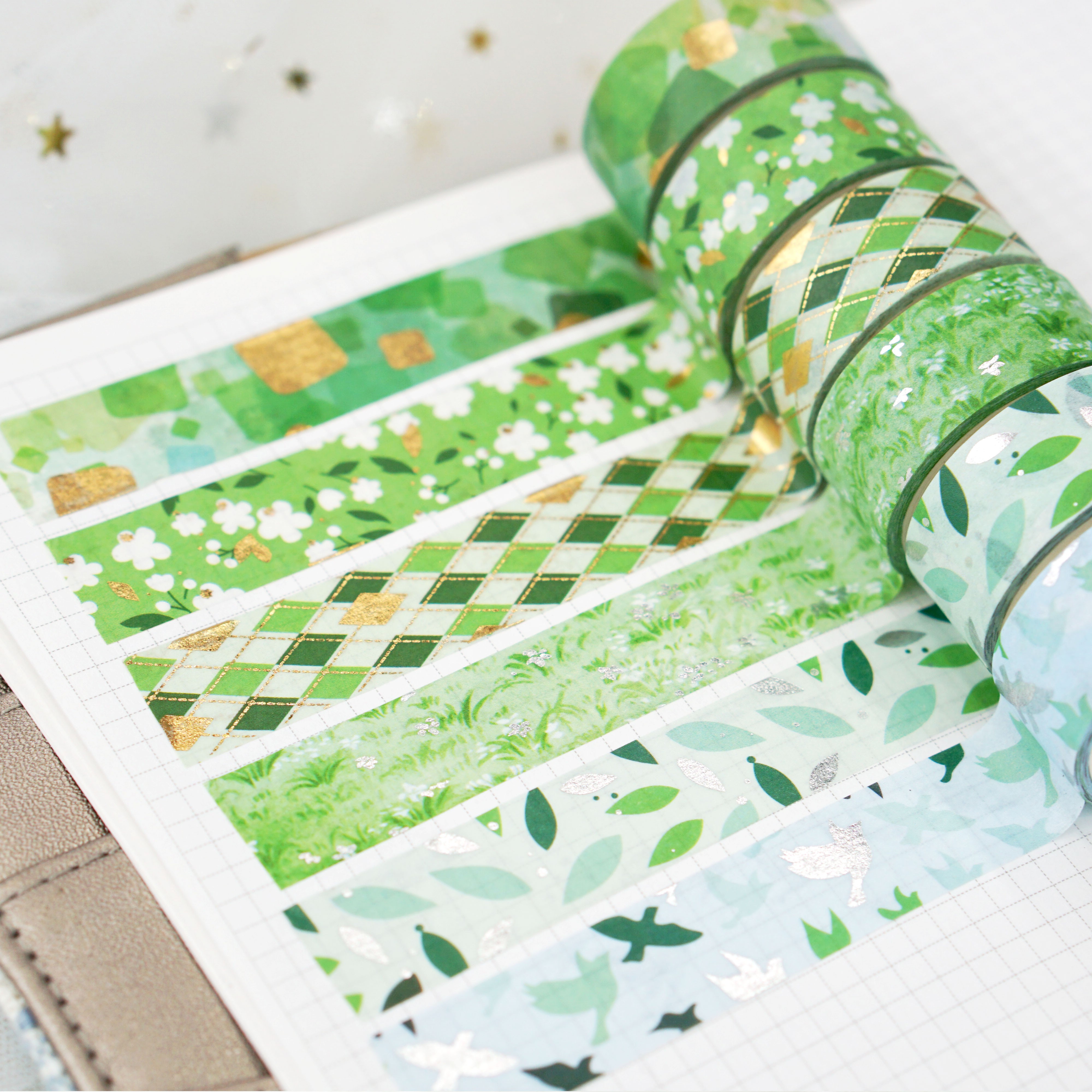 Wholesale from the manufacturer: 12-roll set of spring fresh and light and paper tape with gold and silver embossed green floral hand journal stickers detail image 8