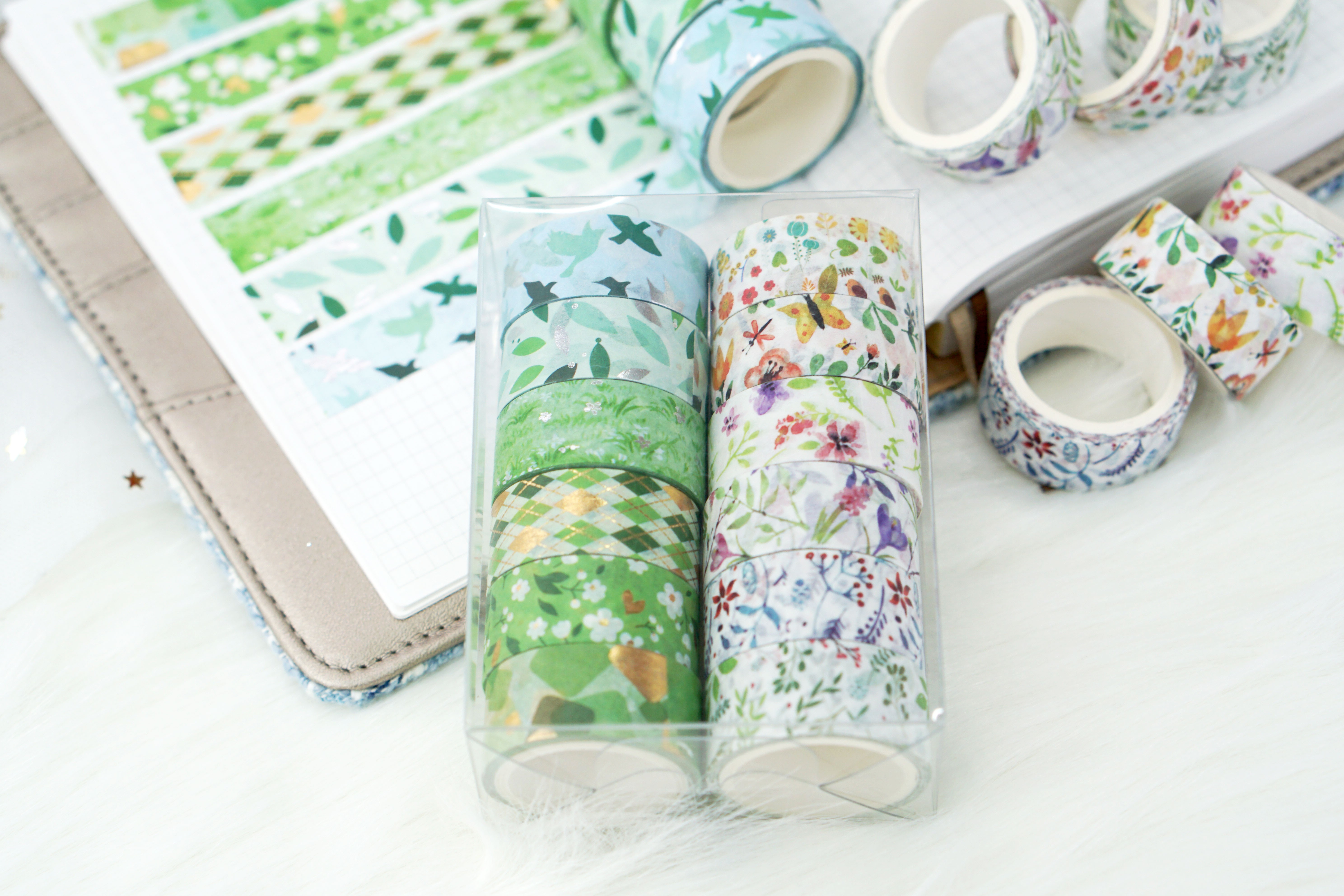 Wholesale from the manufacturer: 12-roll set of spring fresh and light and paper tape with gold and silver embossed green floral hand journal stickers detail image 2