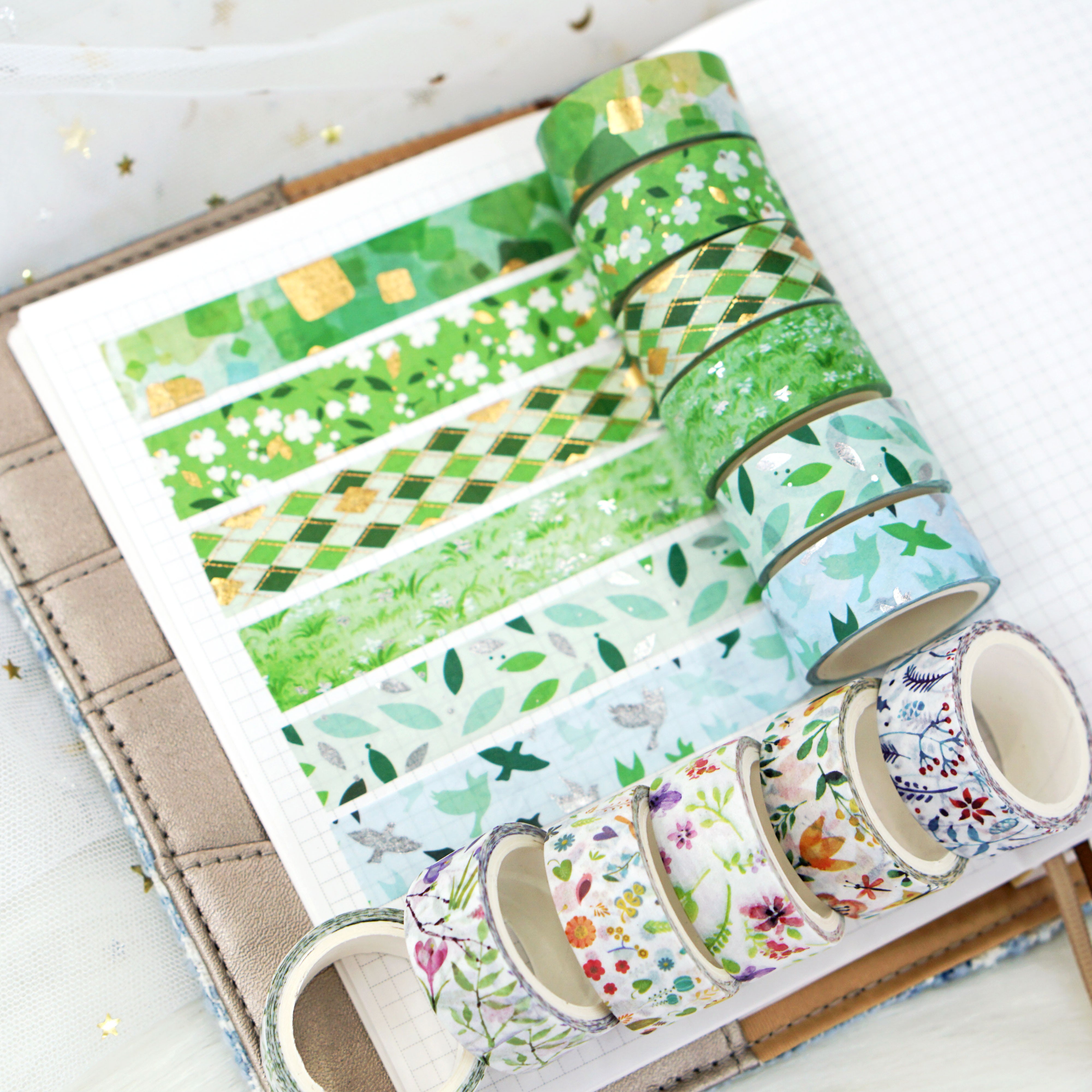 Wholesale from the manufacturer: 12-roll set of spring fresh and light and paper tape with gold and silver embossed green floral hand journal stickers detail image 7