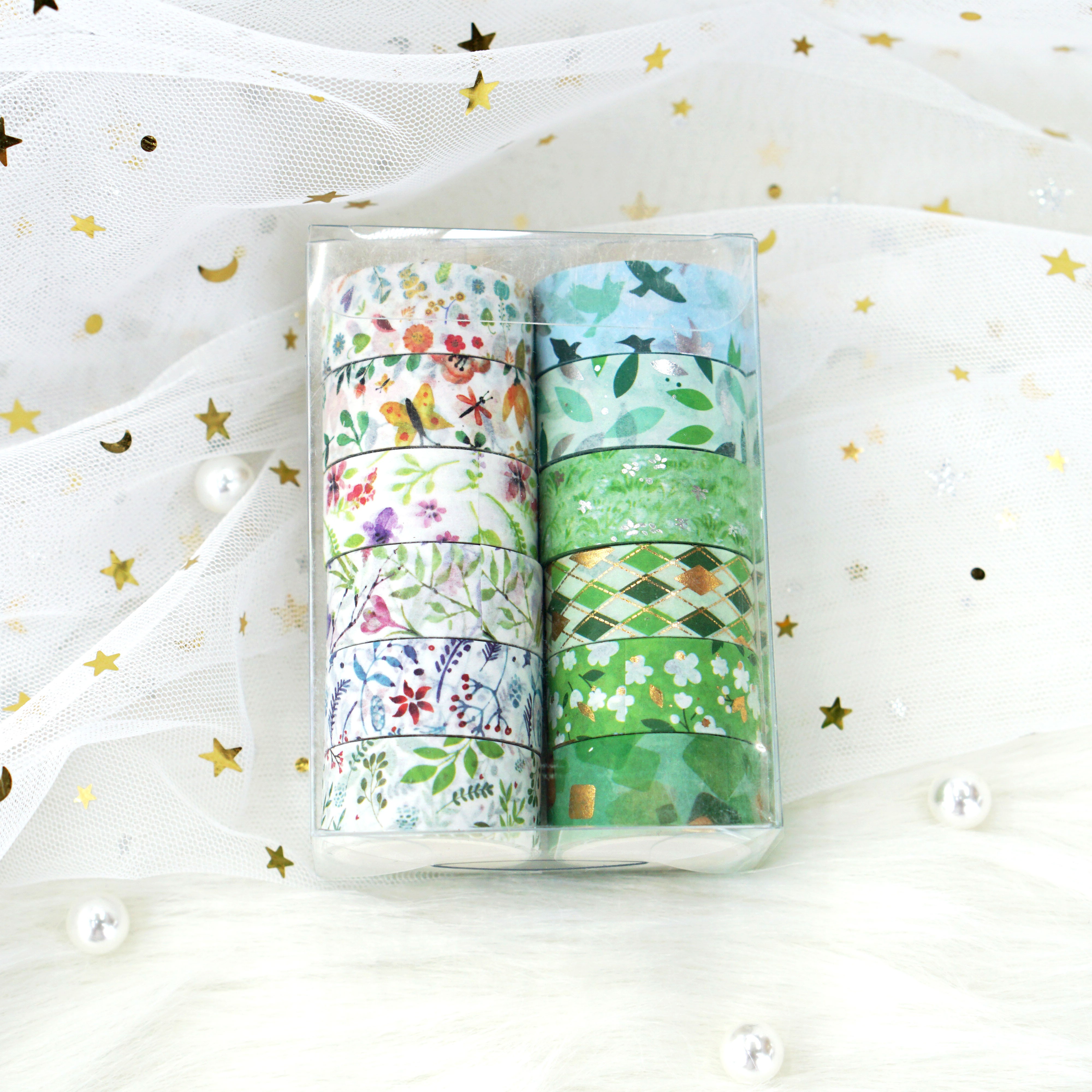 Wholesale from the manufacturer: 12-roll set of spring fresh and light and paper tape with gold and silver embossed green floral hand journal stickers detail image 4