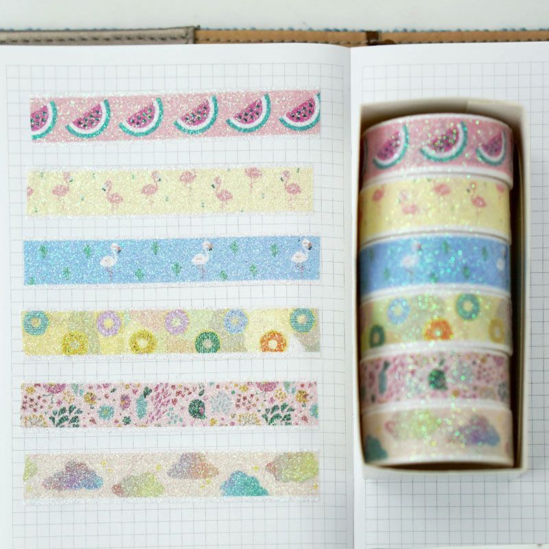 6 sets of cartoon gold powder and paper tape glitter color planner stickers that can be torn off, sprinkled with powder and printed with gold powder for DIY Application Scenario