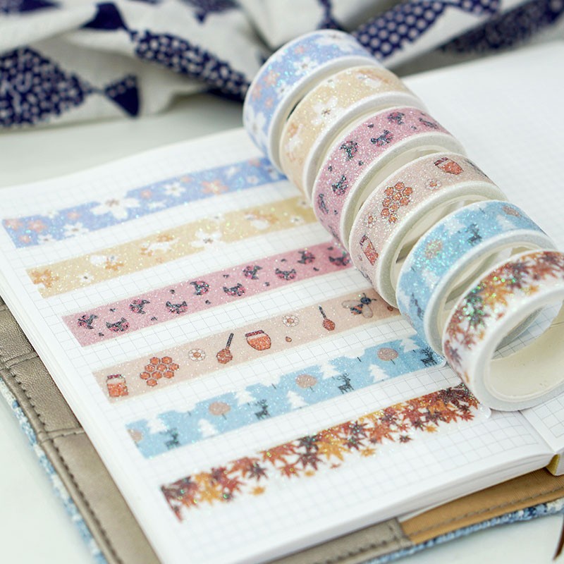 6 sets of cartoon gold powder and paper tape glitter color planner stickers that can be torn off, sprinkled with powder and printed with gold powder for DIY detail image 4