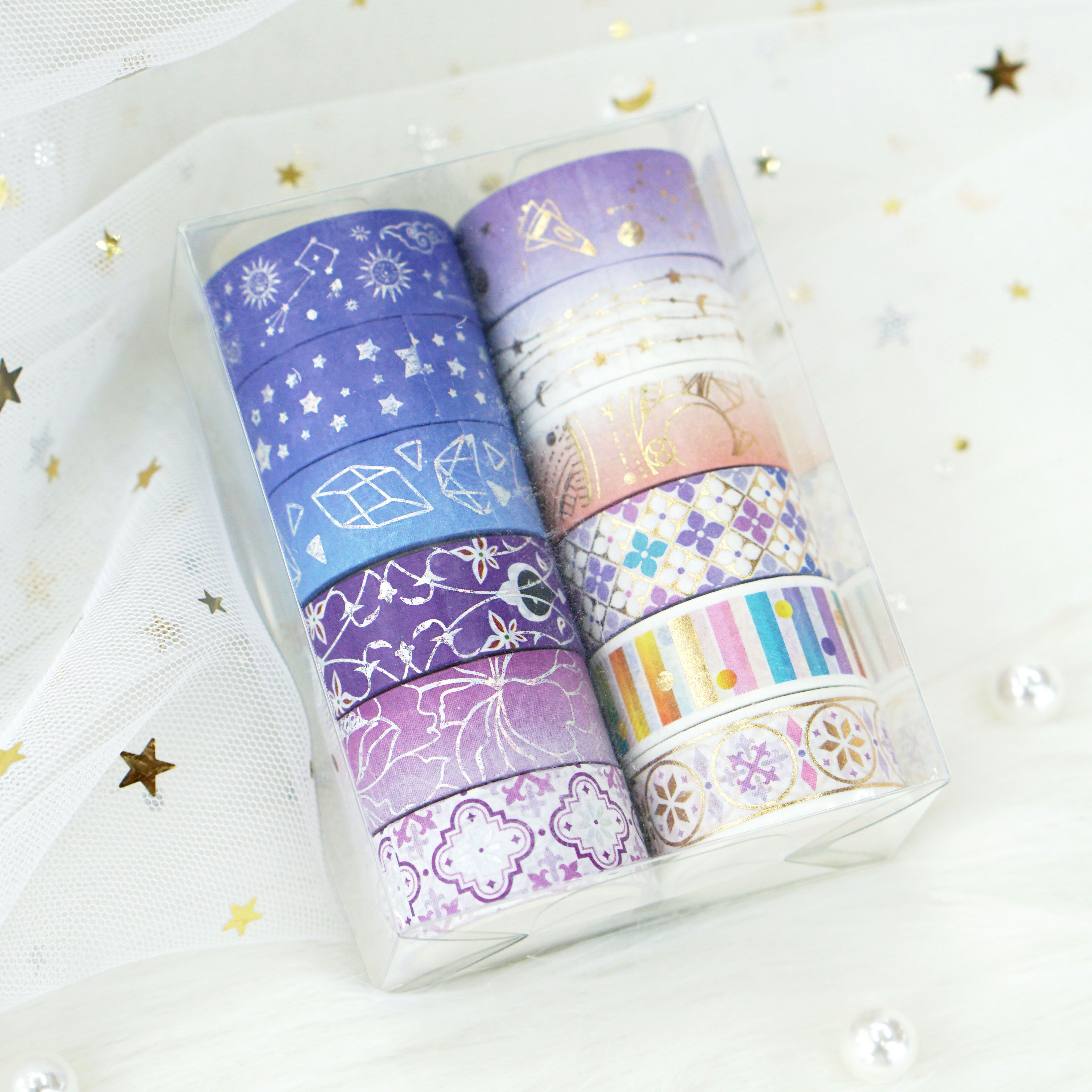 Wholesale from the manufacturer: 12-roll set of purple constellation and paper tape with gold and silver embossed starry universe planner stickers details Picture