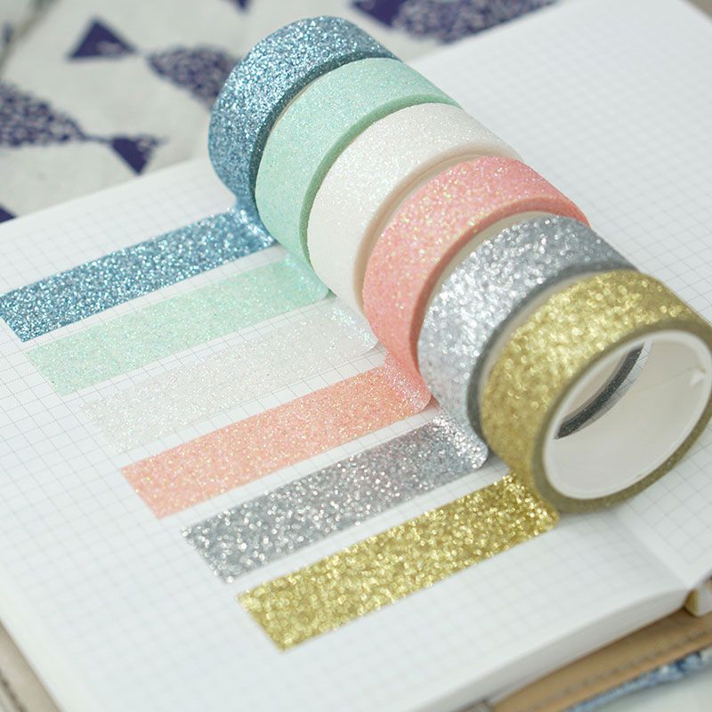 6 pieces of gold powder and paper tape, colored glitter powder sprinkled, gold onion planner decorative tape stickers, can be torn off by hand for DIY details Picture