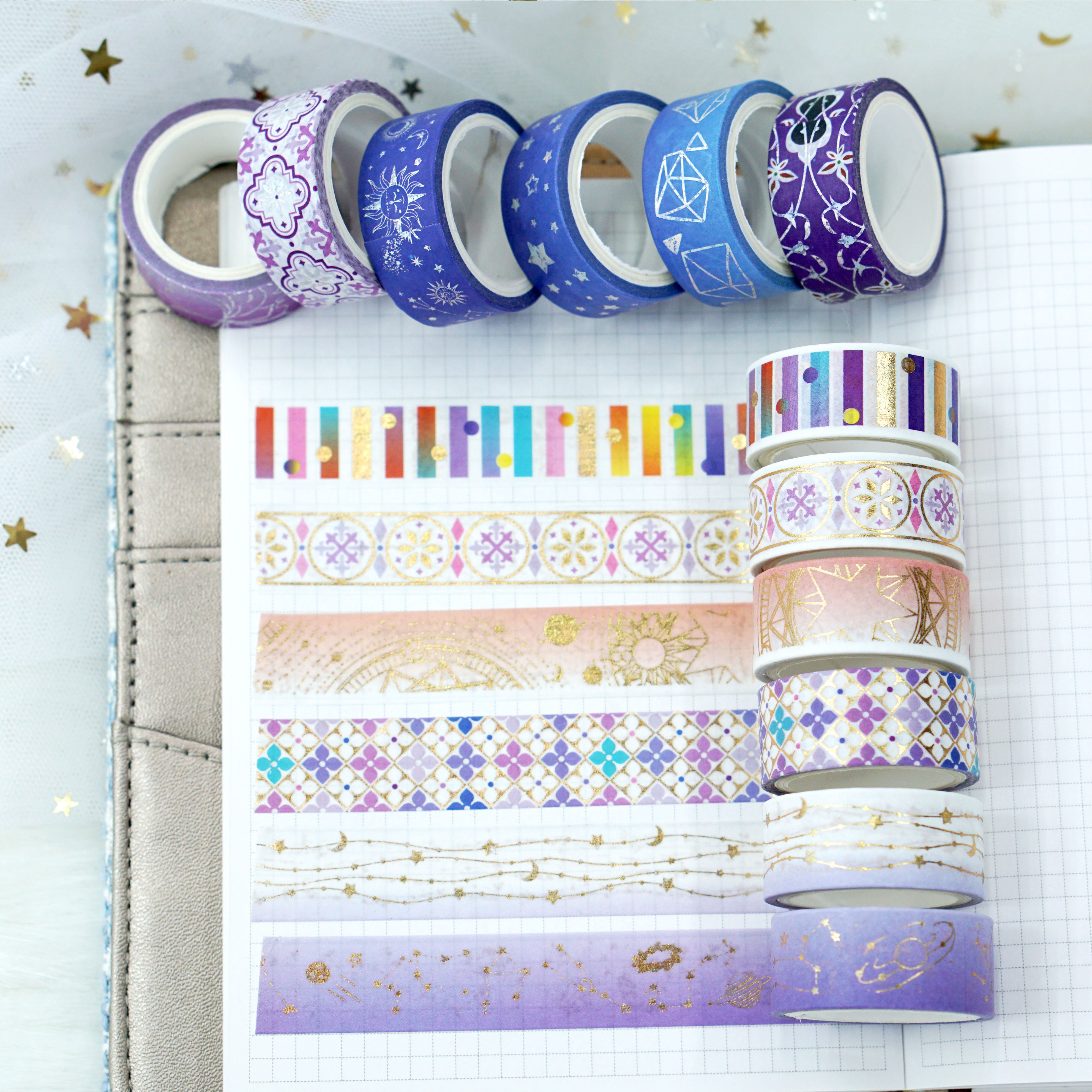 Wholesale from the manufacturer: 12-roll set of purple constellation and paper tape with gold and silver embossed starry universe planner stickers detail image 4