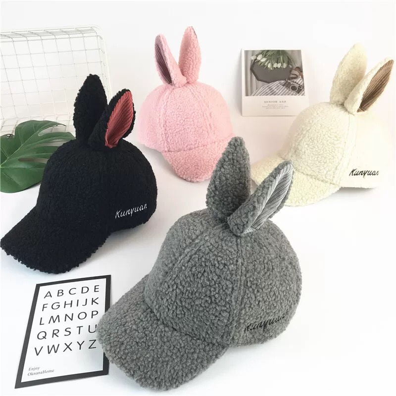 儿童鸭舌帽冬 兔耳朵男童女童棒球帽宝宝帽子秋冬加厚羊羔绒保暖