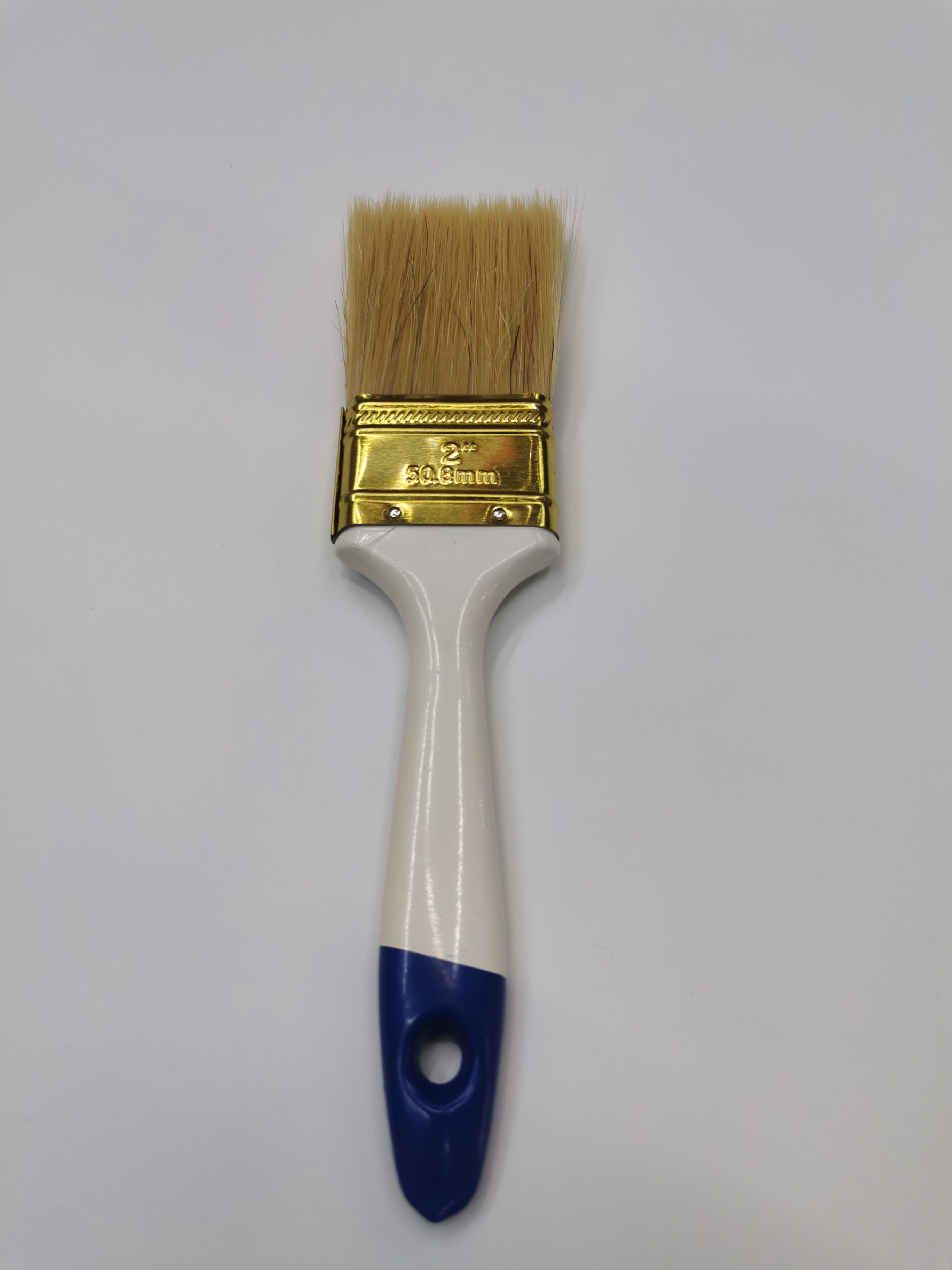 White plastic handle, blue oblique tail, white wool paint brush