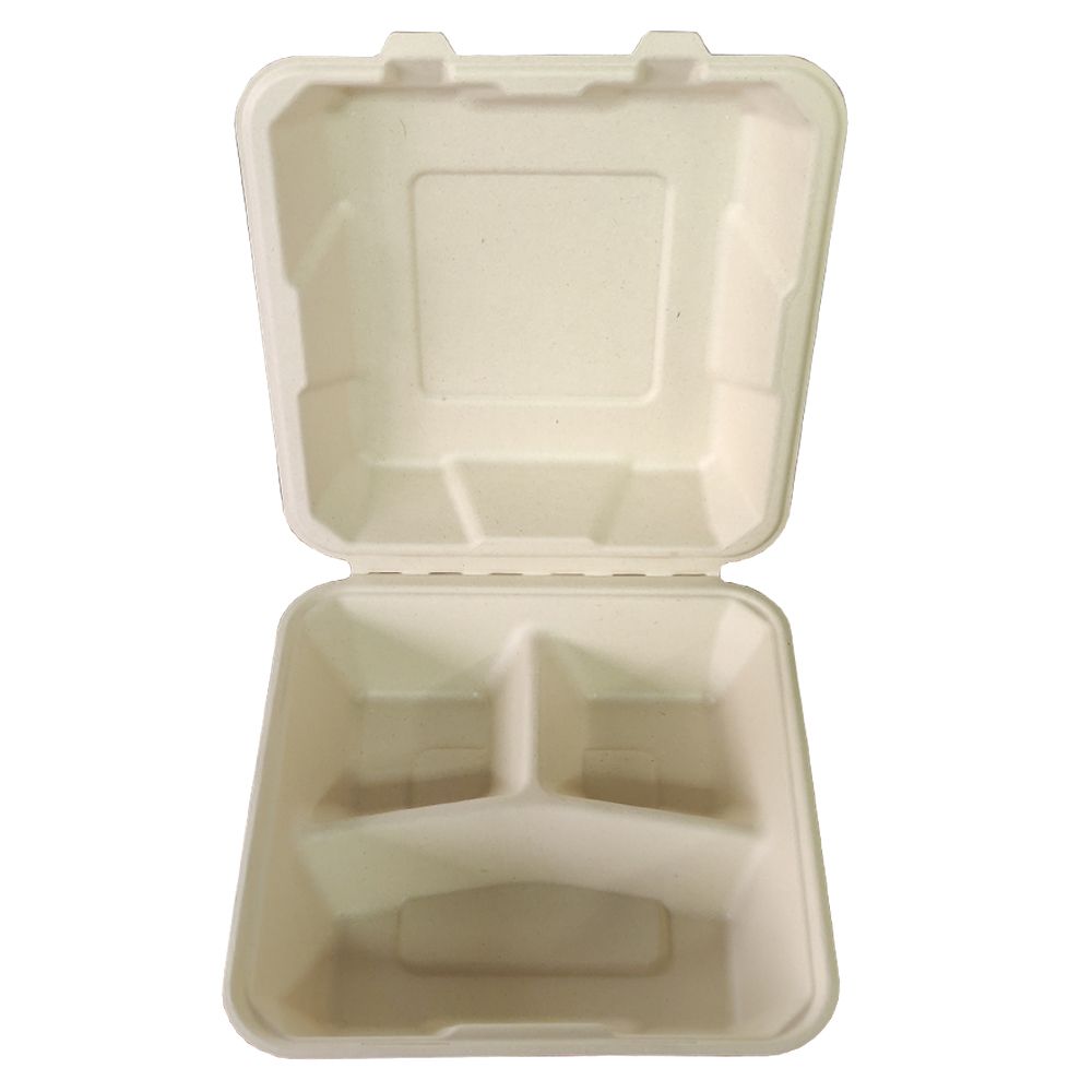 8寸3格餐盒可降解甘蔗浆餐盒 一次性可降解餐盒汉堡盒