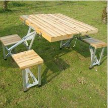 户外折叠桌椅实木 便携式连体式折叠桌椅稳当耐用 松木