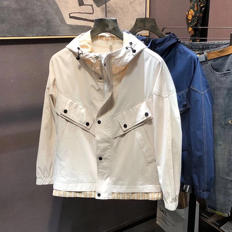 🆕 Autumn New Loose Korean Version Hooded Japanese Trend Bright Line Bottom Color Matching Casual Jacket Jacket Pure Cotton Material Two Colors In Stock details Picture