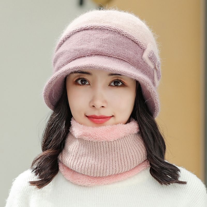 Sombrero de moda otoño invierno sombrero de mujer versátil peluche caliente versión coreana dos piezas babero conejo sombrero de punto Item Picture