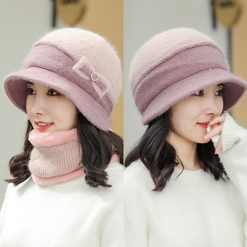 Sombrero de moda otoño invierno sombrero de mujer versátil peluche caliente versión coreana dos piezas babero conejo sombrero de punto