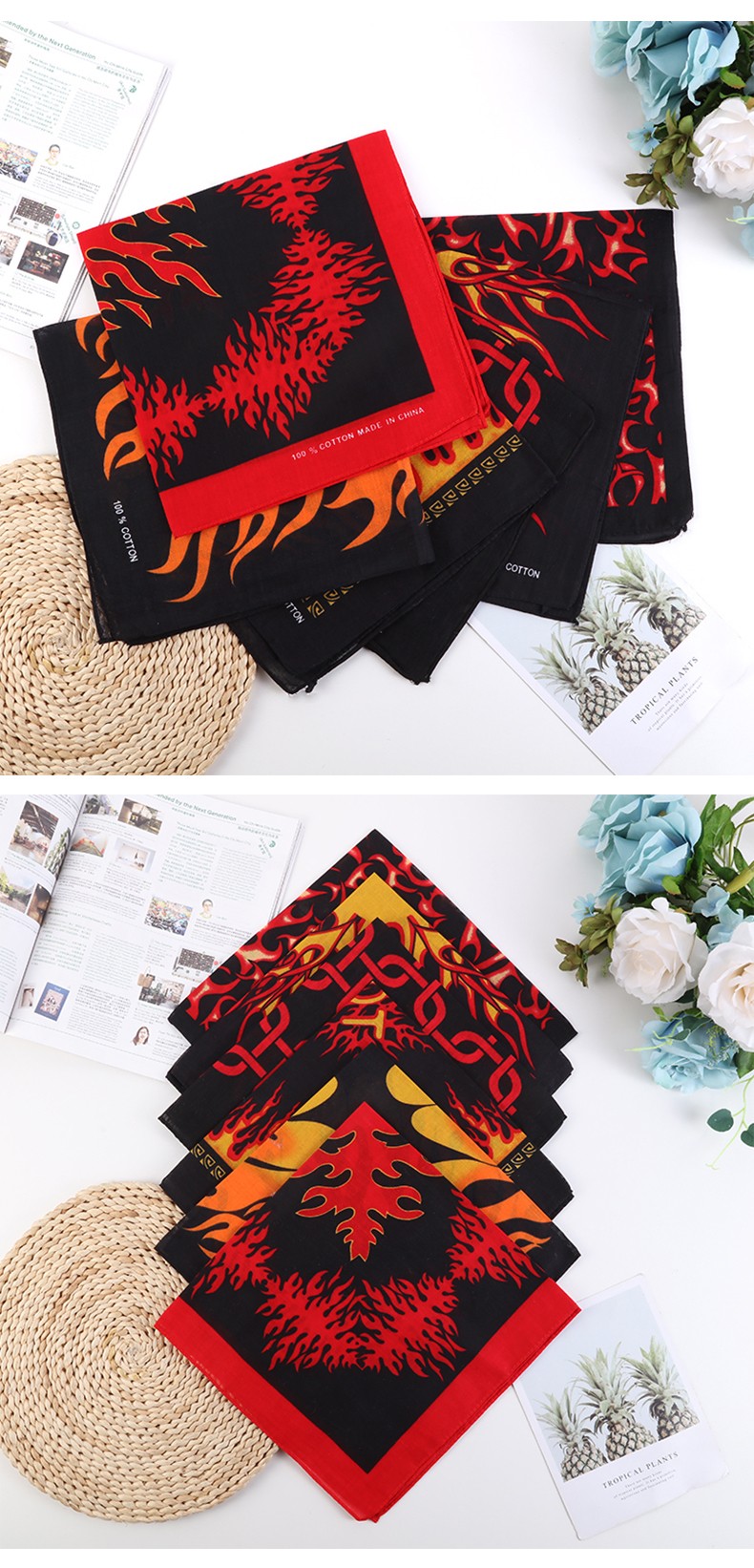 Hao Hao Headscarf Manufacturers Direct For Europe And The United States Men And Women Outdoor Sports Headscarf Hip-Hop All Cotton Flame Square Wholesale Magic Headscarf undefined