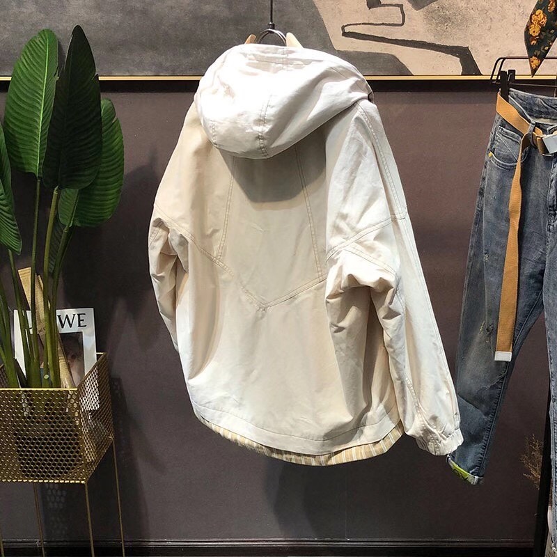 🆕 Autumn New Loose Korean Version Hooded Japanese Trend Bright Line Bottom Color Matching Casual Jacket Jacket Pure Cotton Material Two Colors In Stock Specification drawing