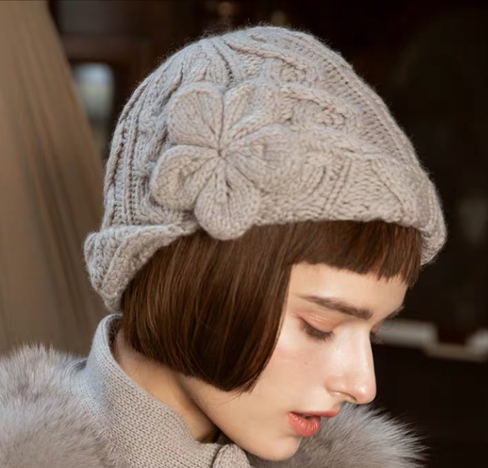 Hand-Made Cotton Hat With Large Flowers In Winter