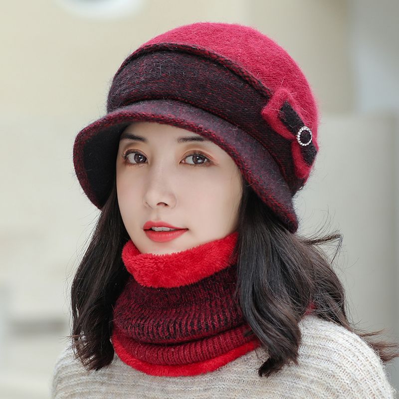 Sombrero de moda otoño invierno sombrero de mujer versátil peluche caliente versión coreana dos piezas babero conejo sombrero de punto details Picture