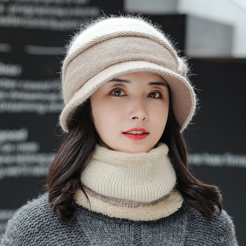 Sombrero de moda otoño invierno sombrero de mujer versátil peluche caliente versión coreana dos piezas babero conejo sombrero de punto Specification image
