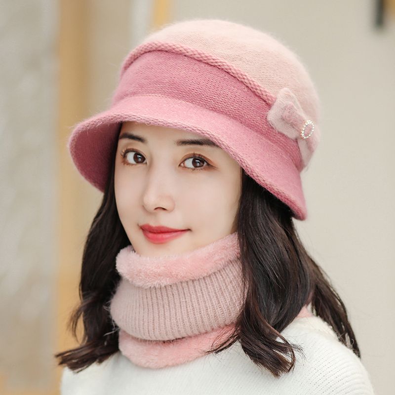 Sombrero de moda otoño invierno sombrero de mujer versátil peluche caliente versión coreana dos piezas babero conejo sombrero de punto undefined