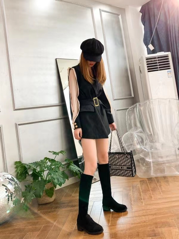 卓诗尼长筒靴女过膝粗跟2020年新款秋冬季加绒靴子显瘦弹力瘦瘦靴细节图