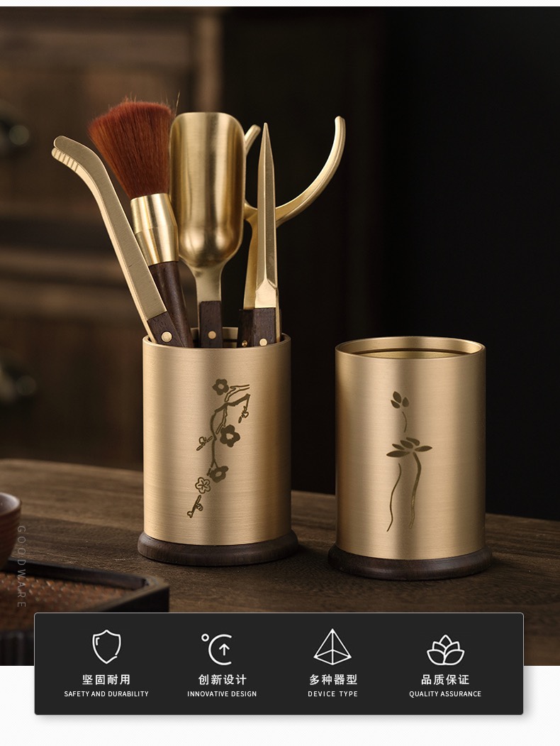 茶道六君子功夫茶具配件全纯铜桐木檀木茶夹茶刀茶勺茶刷茶筒套装白底实物图