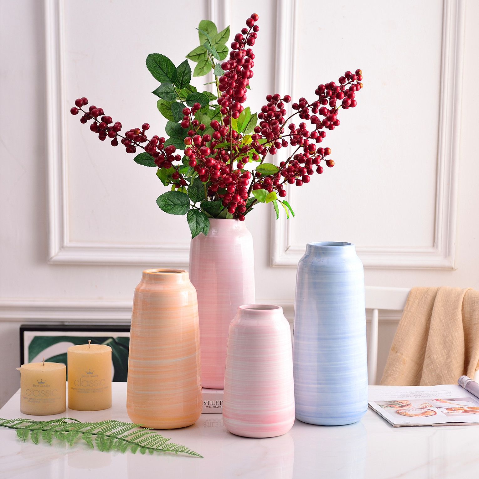 简约蓝粉黄色现代陶瓷花瓶三件套工艺品摆件花器软装饰品ceramics/flower vase
