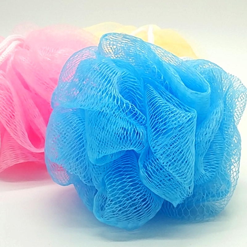 三色PVC盒沐浴花沐浴球浴擦洗澡搓澡巾浴室浴花白底实物图