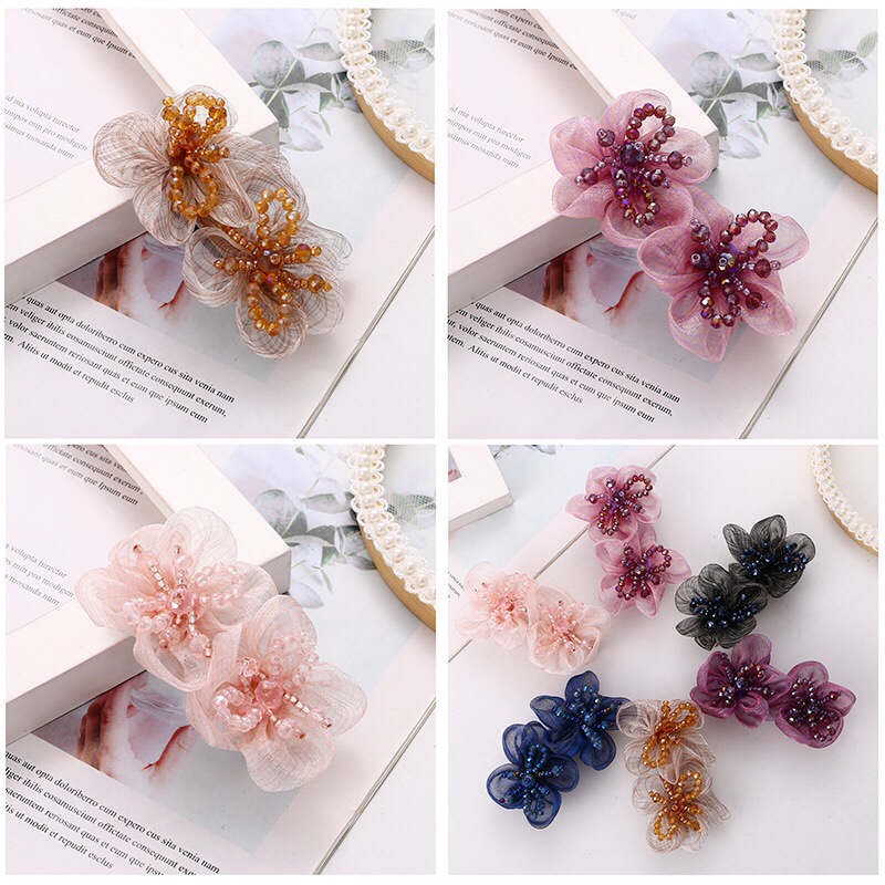 发夹女布艺绢纱横夹弹簧夹小清新水晶花朵发卡后脑勺头饰