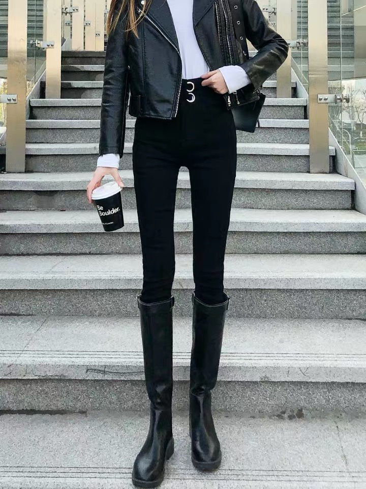 Black fleece high-waisted small-foot jeans Women's 2020 winter new thin and tall pencil pants thick pants thumbnail
