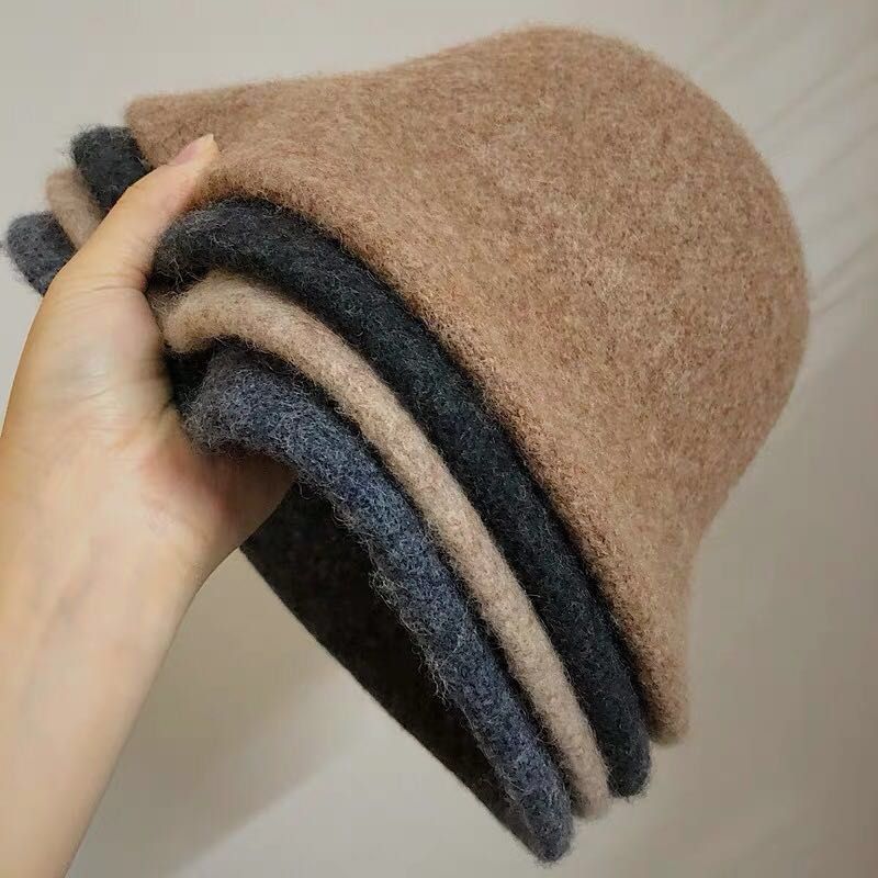 韩国时尚圆顶羊毛混纺针织礼帽秋冬折叠英伦遮阳渔夫盆帽图
