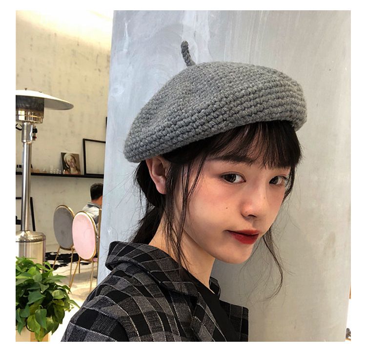 Hat female Korean version all-match hand-woven wool beret Japanese autumn and winter pure color retro art painter hat tide thumbnail
