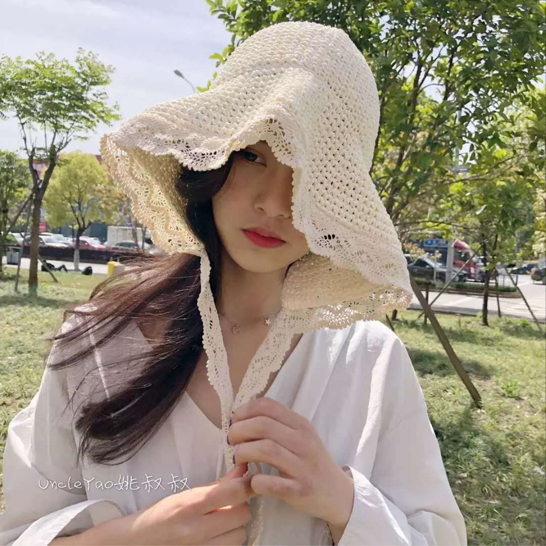 Spring and summer art handmade solid color crocheted straw hat Japanese fisherman basin hat travel folding beach sunbonnet woman
