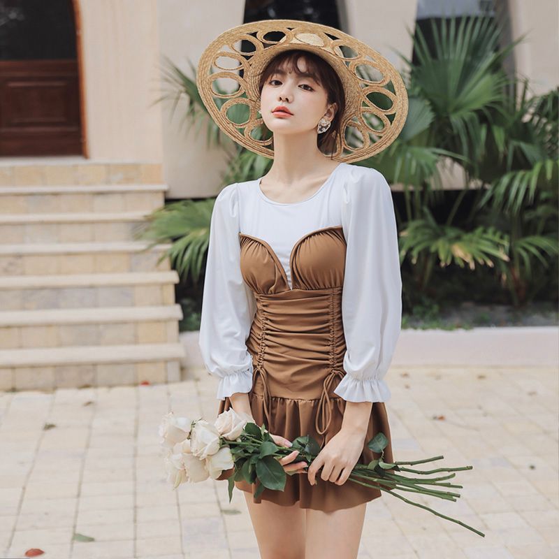 Retro spliced sexy lace conservative one-piece slimming holiday spa bathing suit
